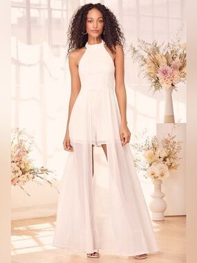 NWT Lulus Love Speaks White Lace Halter Maxi Romper
